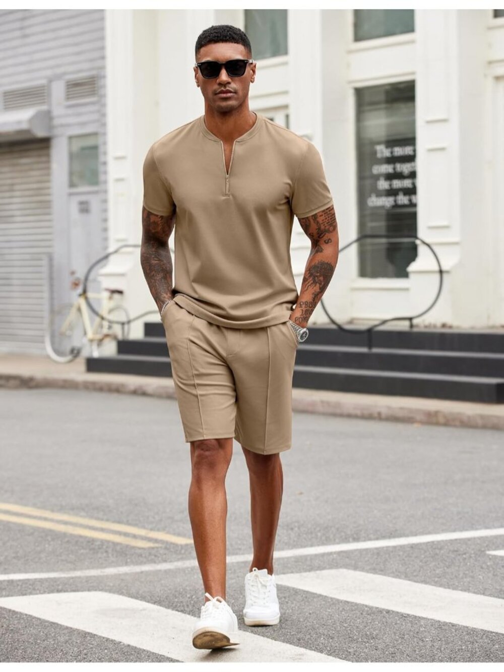 Coofandy Men's Khaki Polyester Shorts Zip Polo T Shirt 2 Pieces Tracksuit - Picture 3 of 6